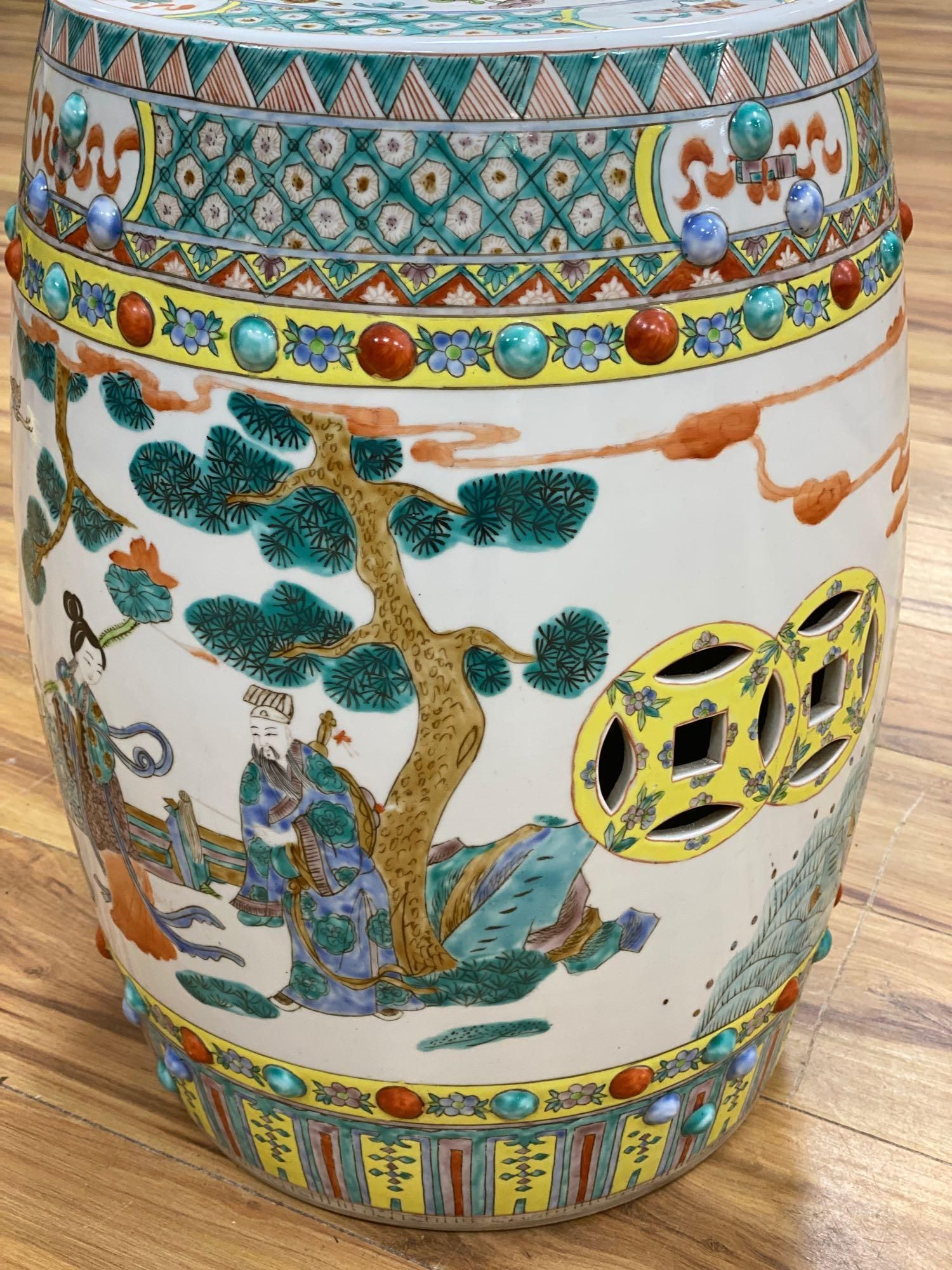 A Canton polychrome-decorated ceramic garden seat, 48cm high